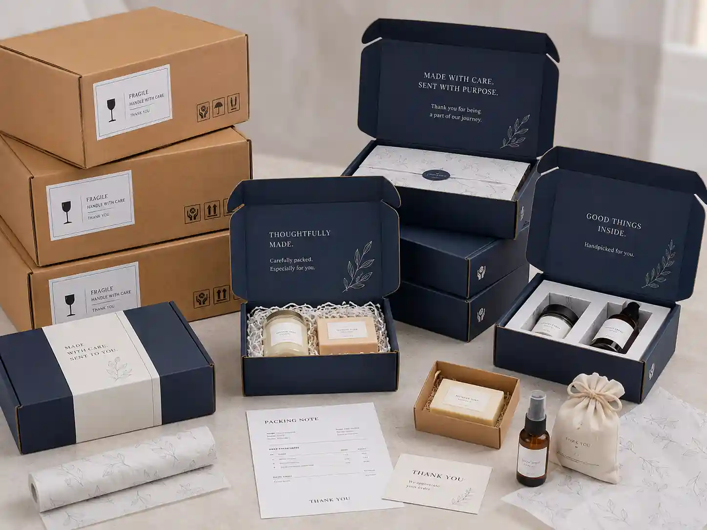 Export-ready mailer box sets with inserts and cartons