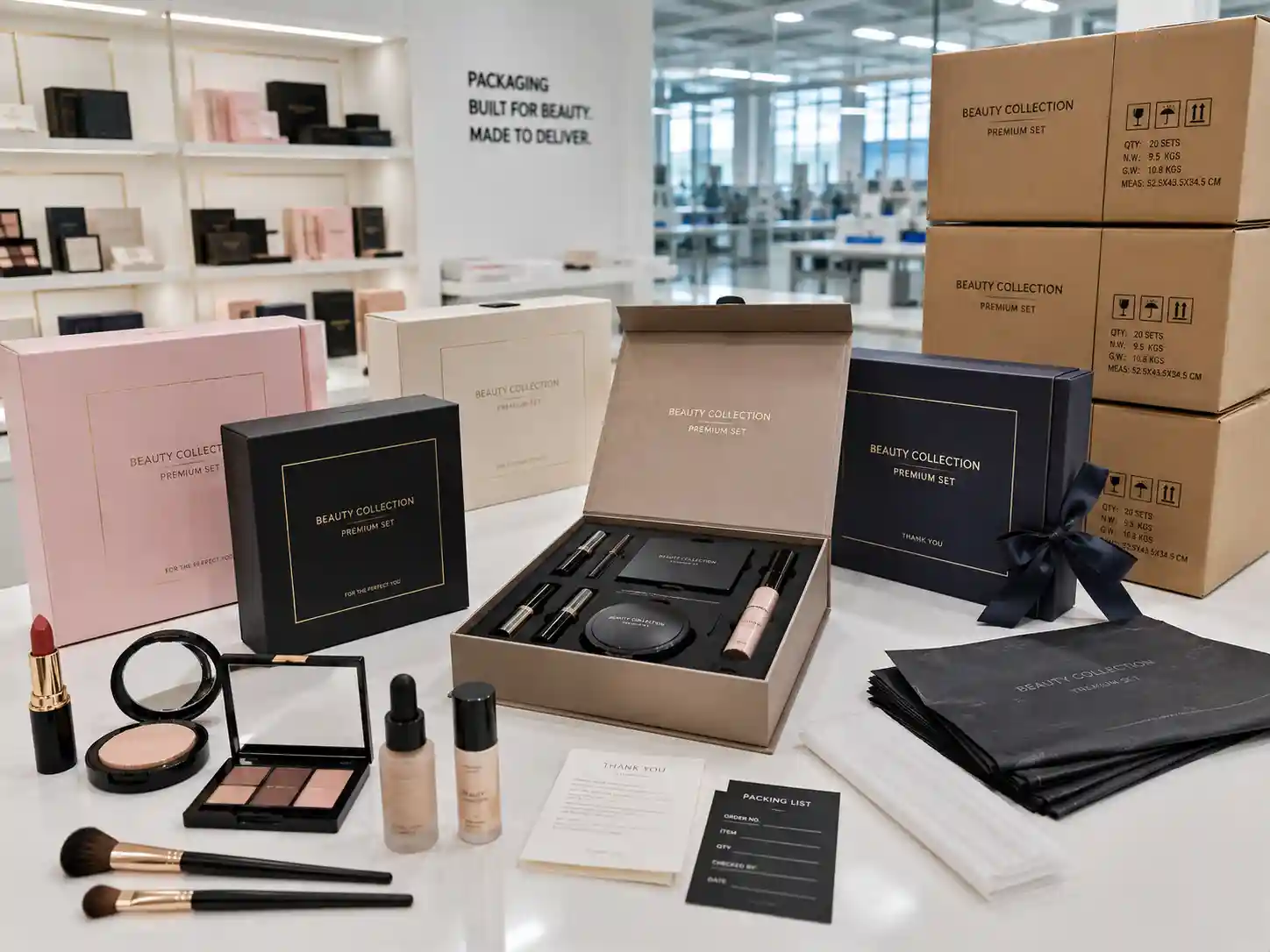 Export-ready makeup gift box sets in factory showroom