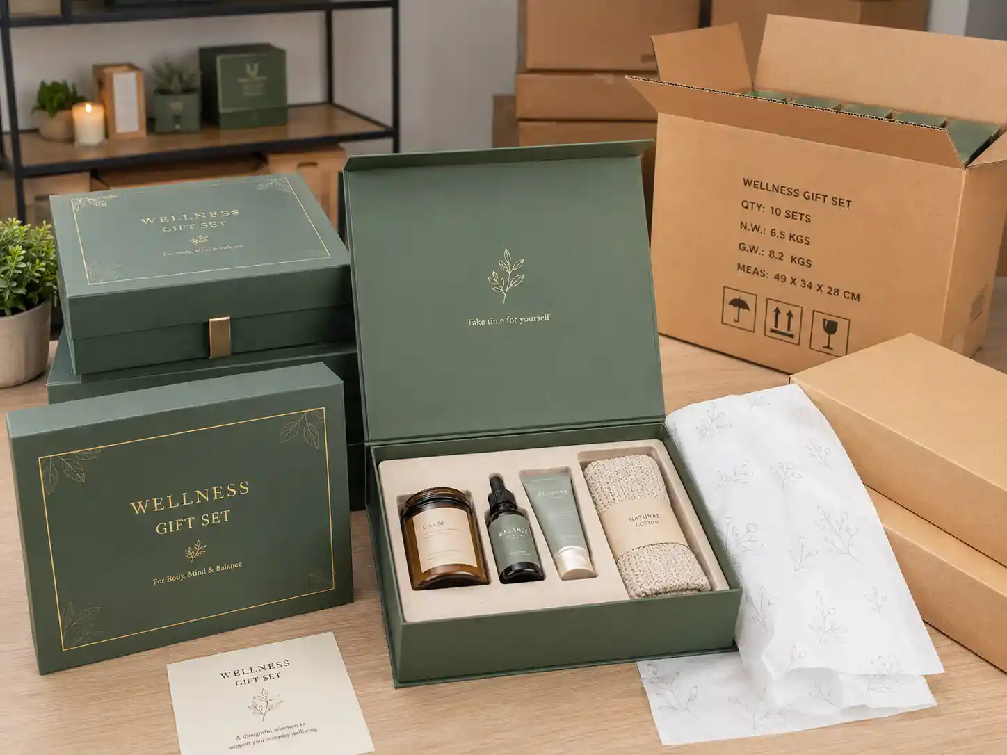 Finished wellness gift box sets ready for showroom and shipment