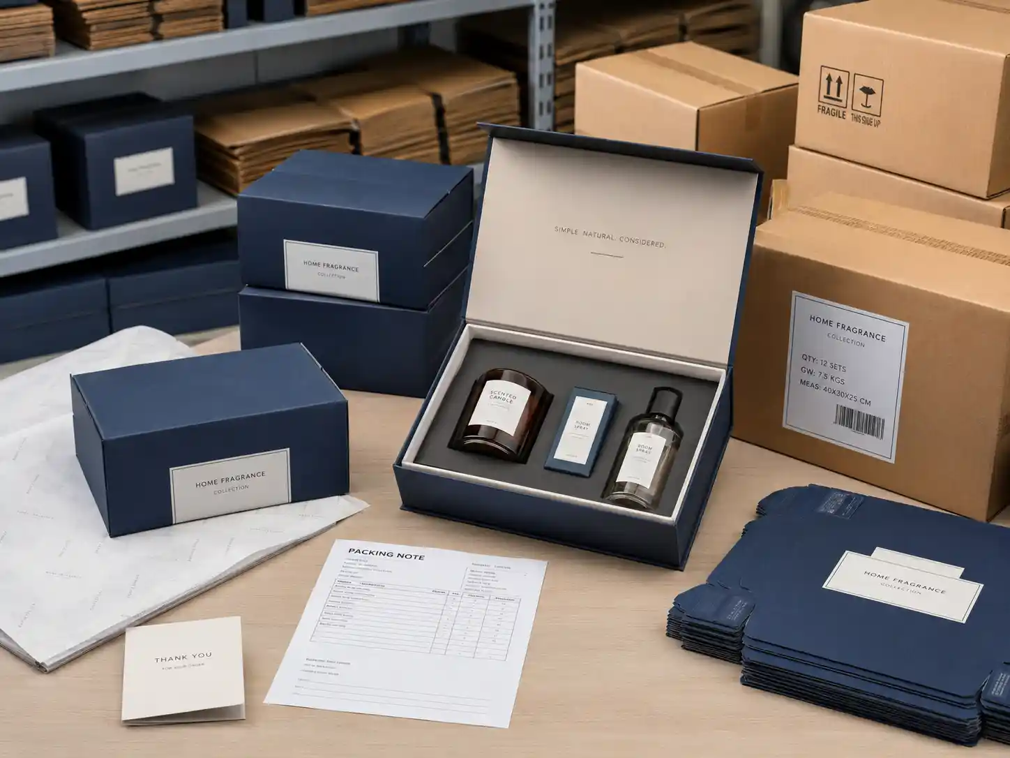 Export-ready foldable rigid boxes with inserts and flat-packed cartons