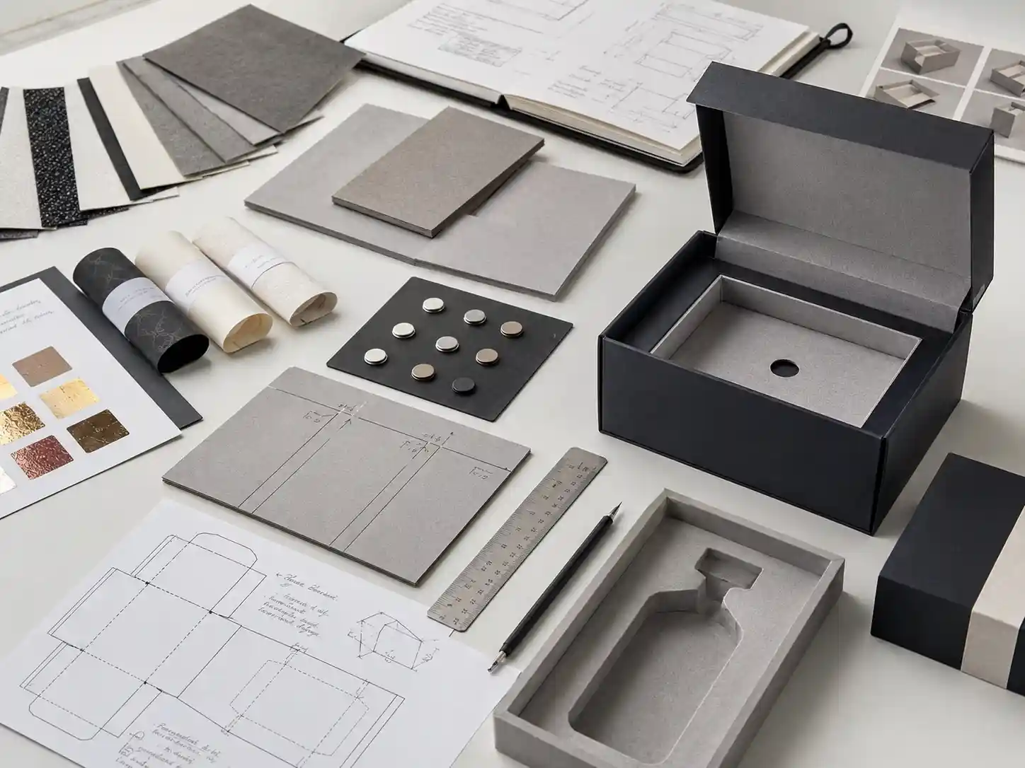 Foldable rigid box structure samples with inserts and material tests