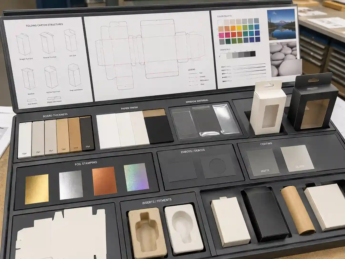 Folding carton insert samples with dielines and paperboard materials