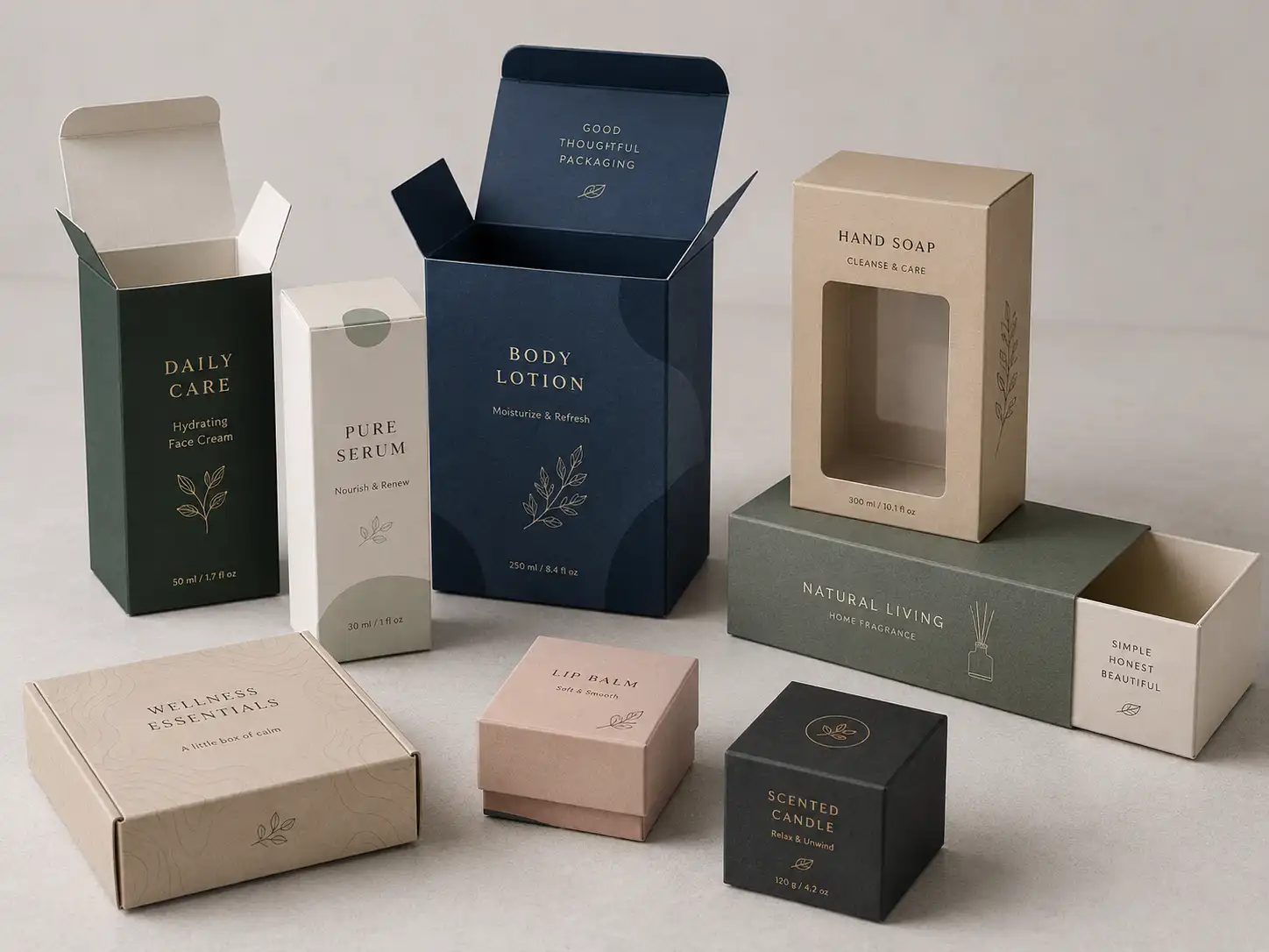 Folding carton retail box styles on a clean studio surface
