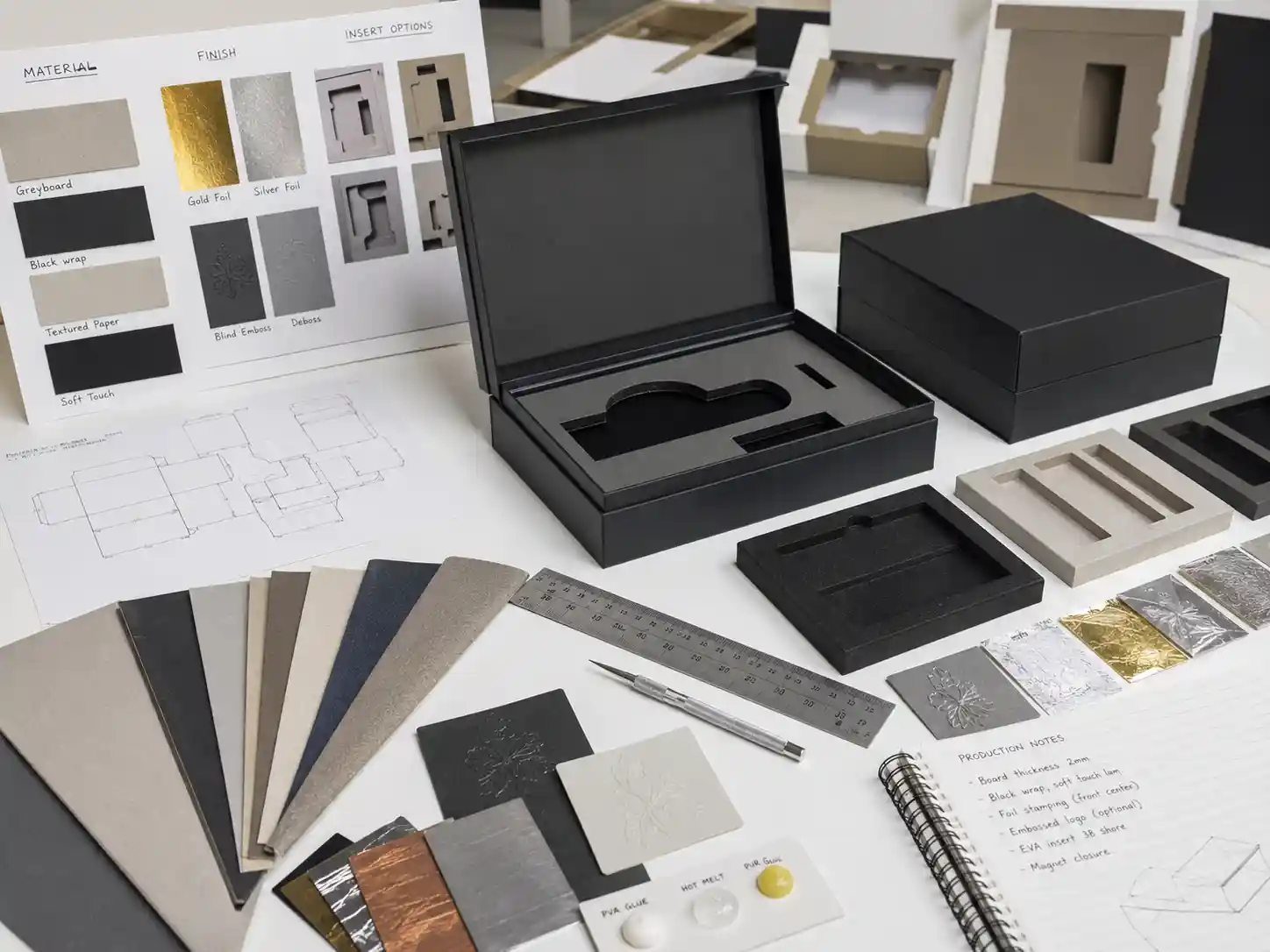 Gift box insert samples and structure review table