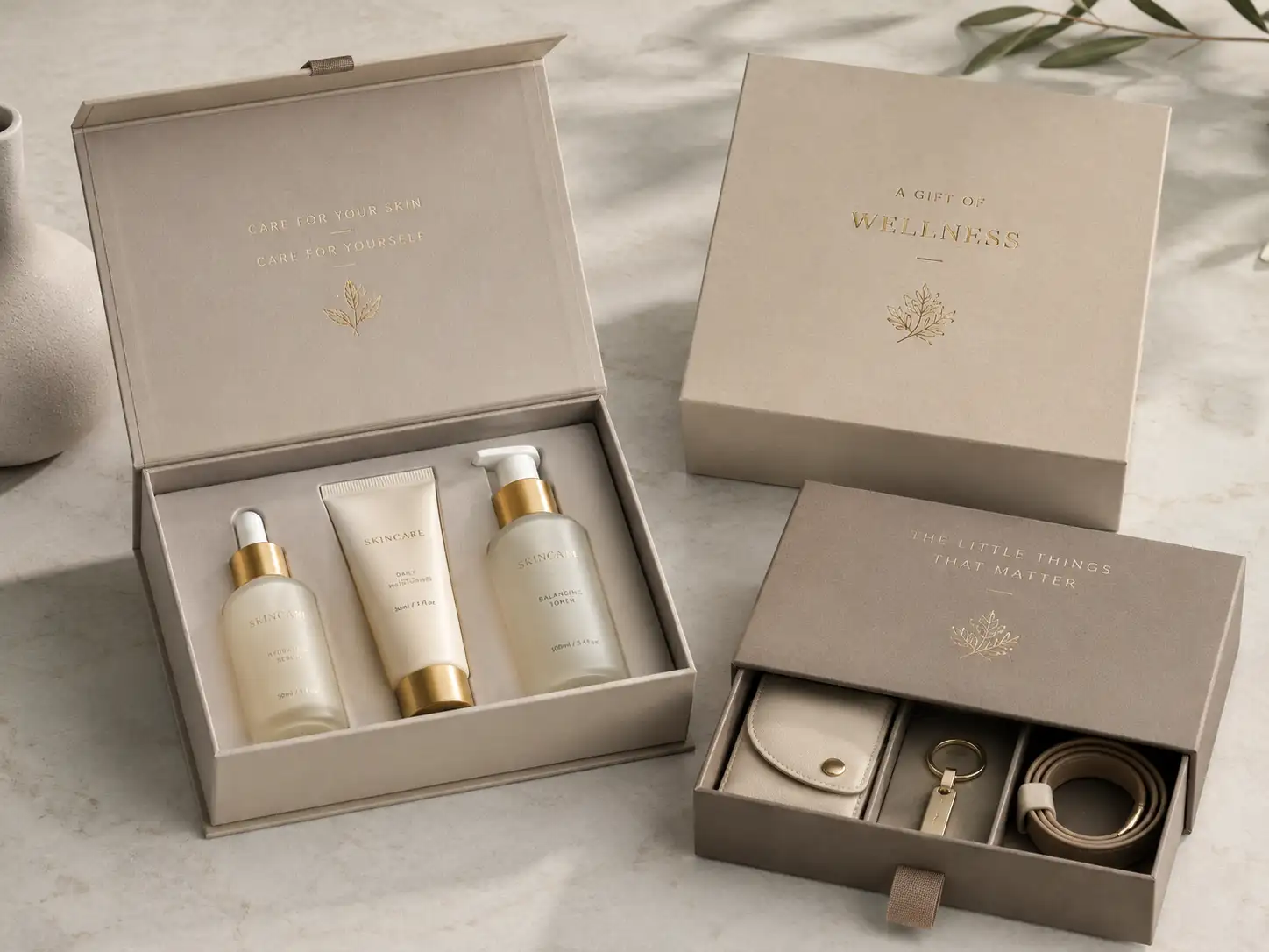 Custom gift box supplier packaging set on clean surface