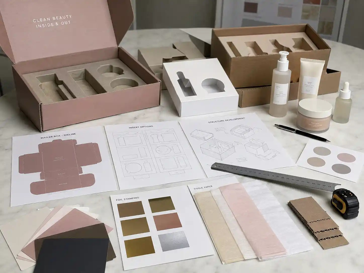 Influencer mailer box insert samples with beauty packaging materials