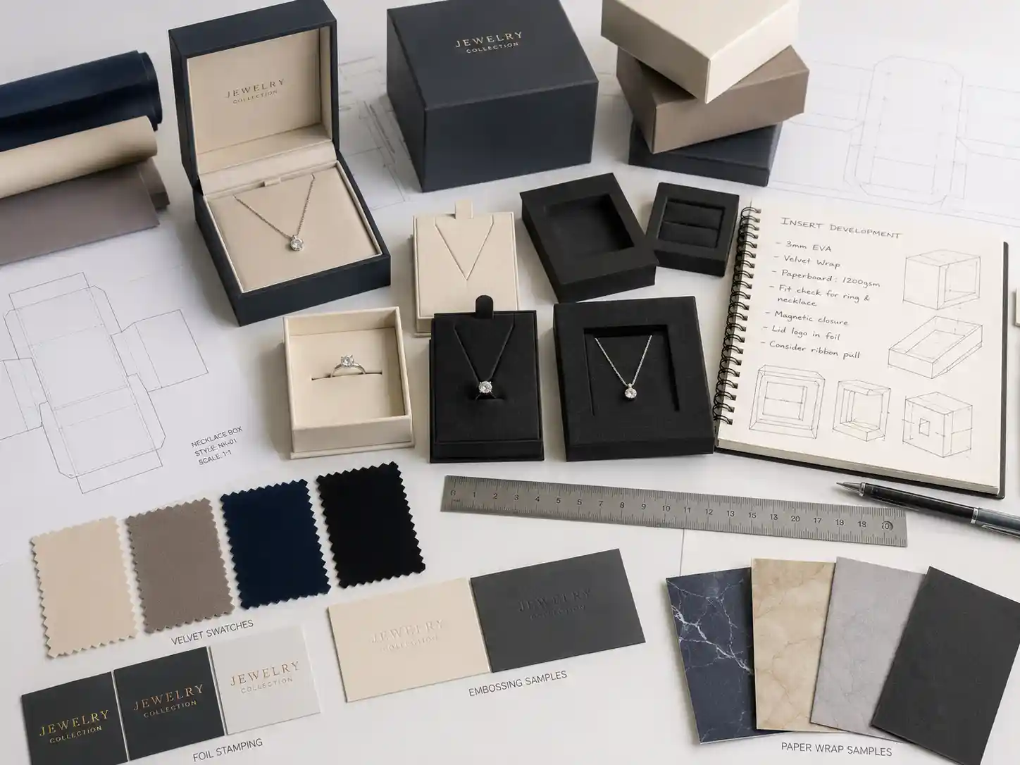 Jewelry gift box insert samples with dielines and material swatches