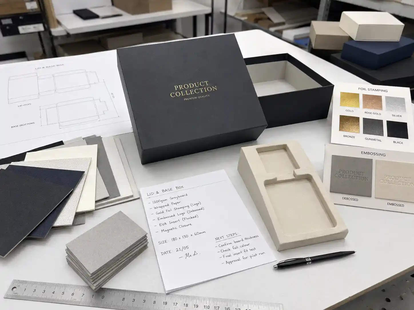 Lid and base box insert samples and material details