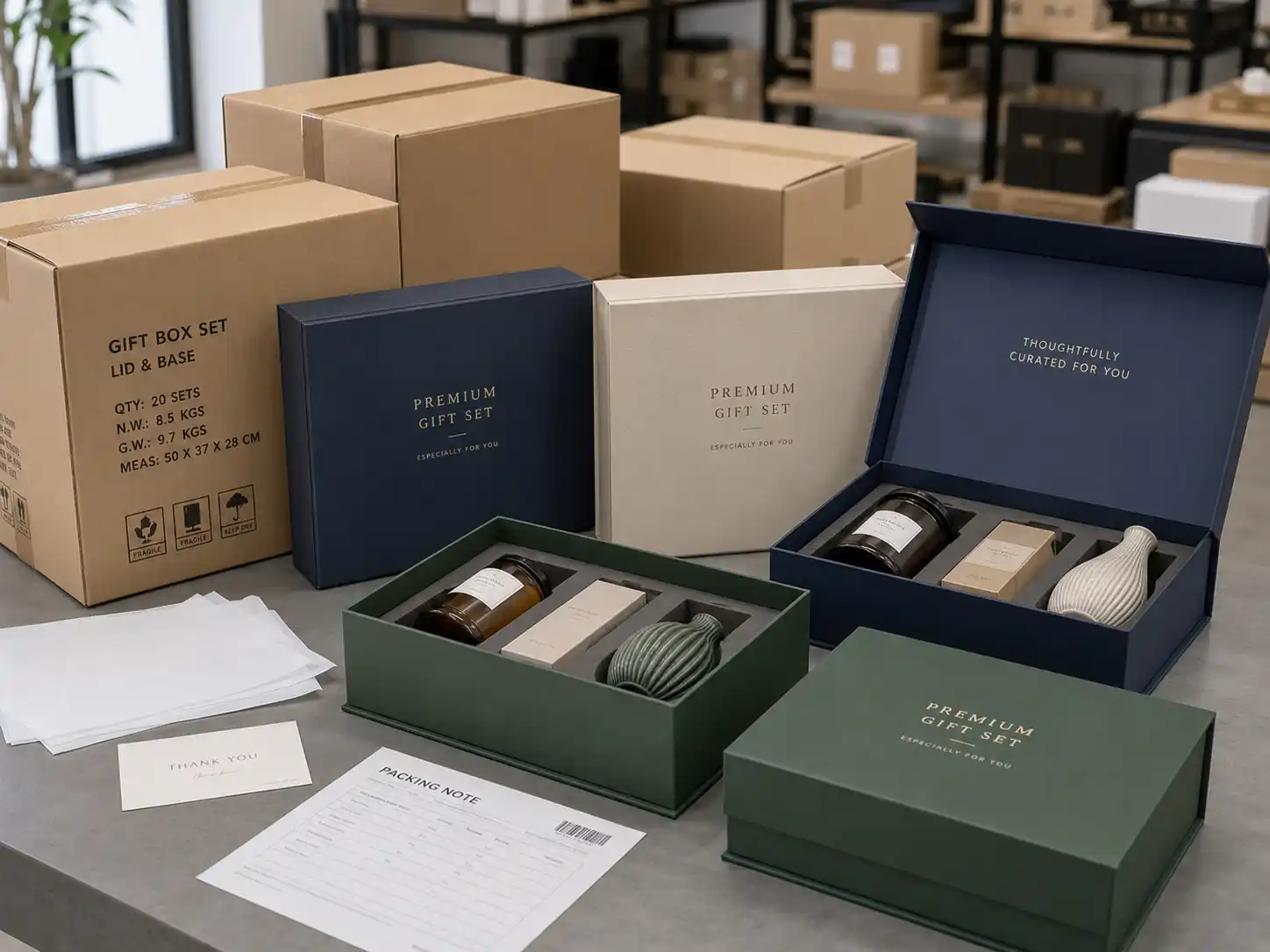 Export-ready lid and base gift boxes with inserts