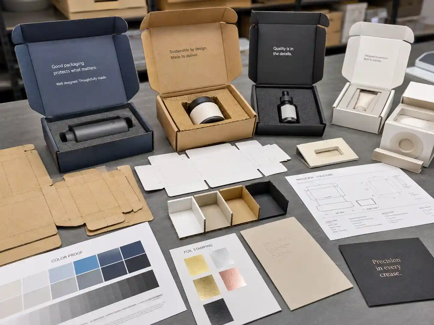 Mailer box insert samples with dieline and material tests