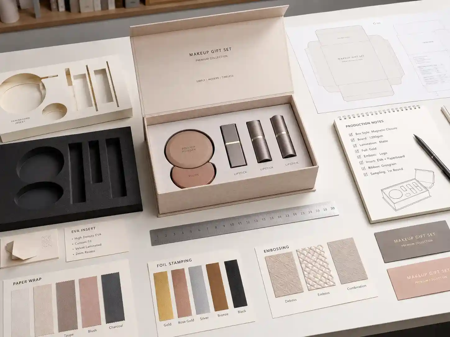 Makeup gift box insert samples and dieline review