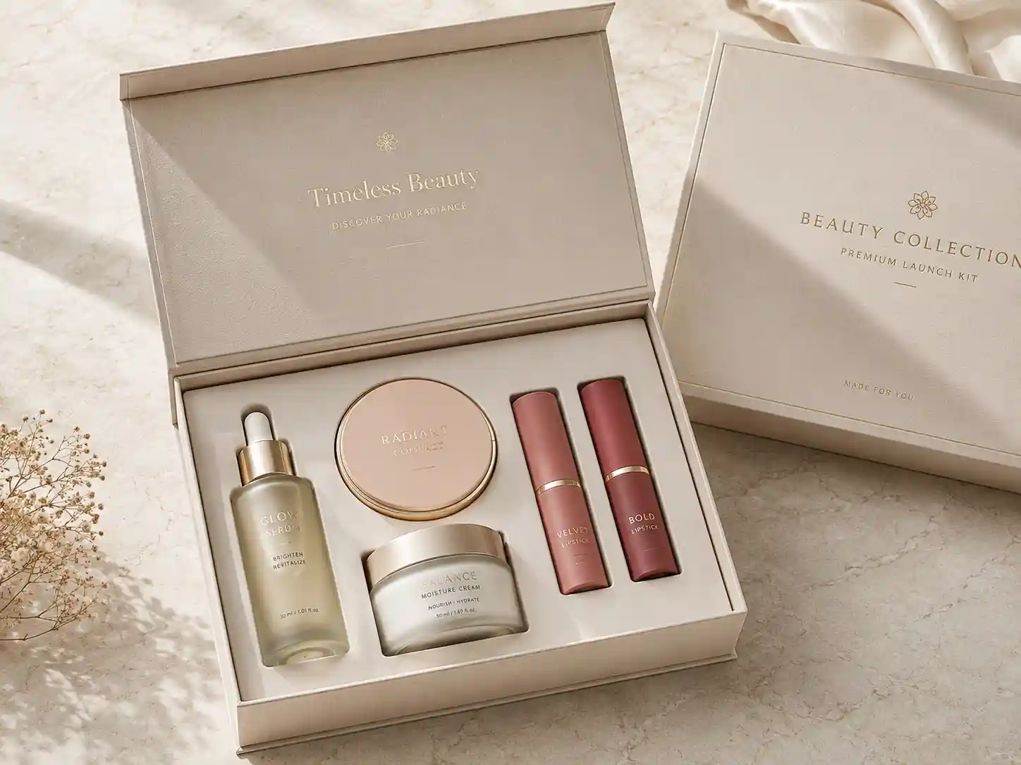 Premium makeup gift box launch kit with fitted insert