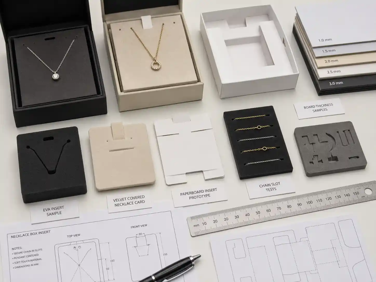 Necklace box insert samples with chain slot details