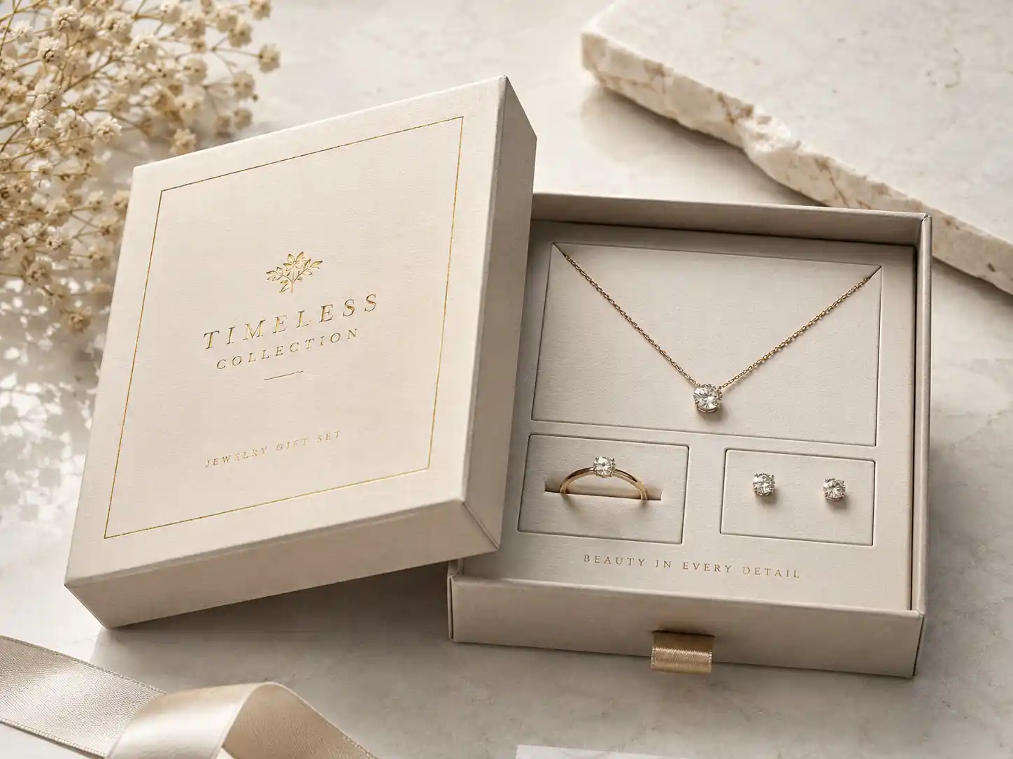 Premium jewelry gift box with necklace, ring, and fitted insert
