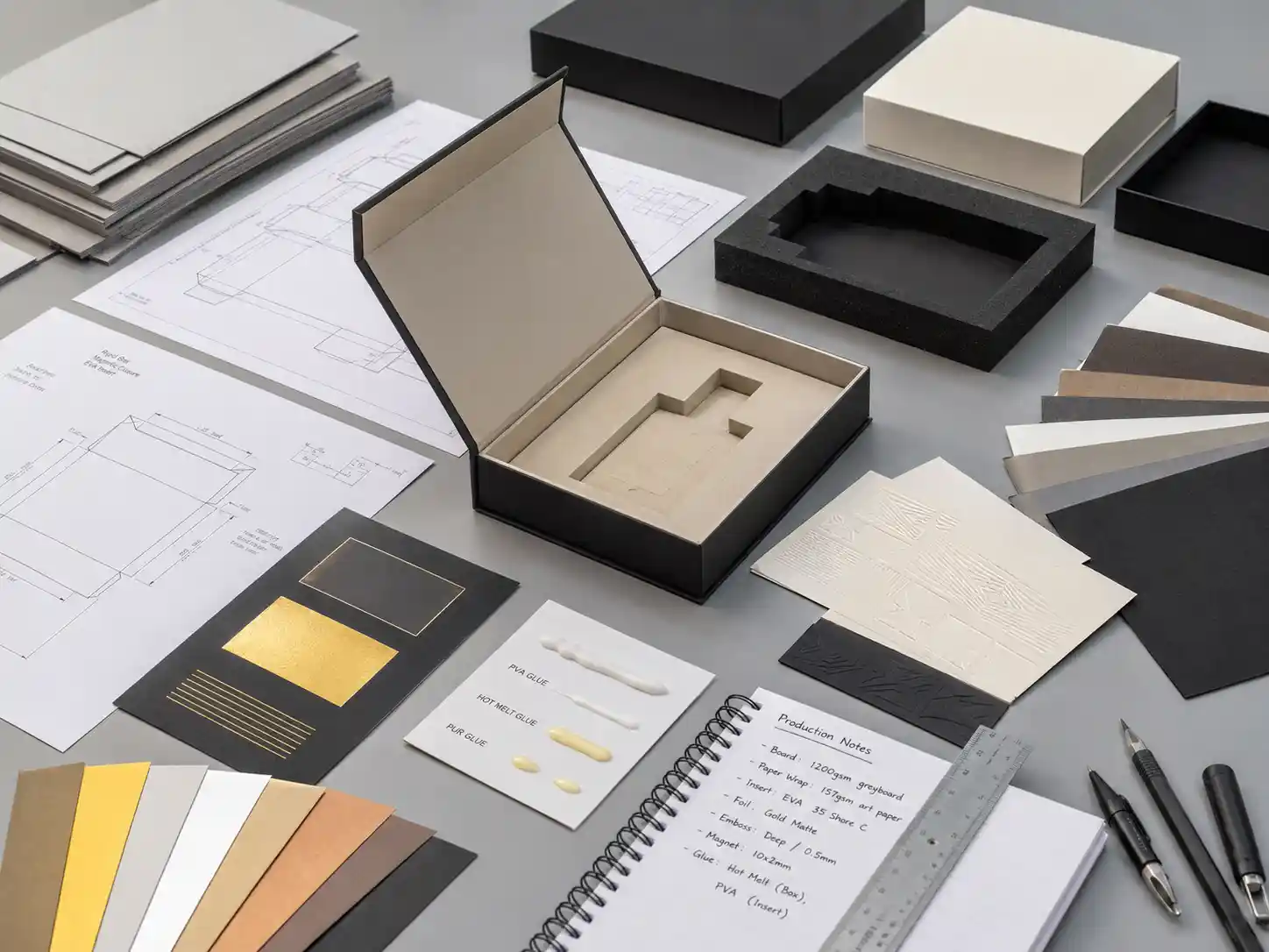 Premium packaging box inserts and material samples on worktable