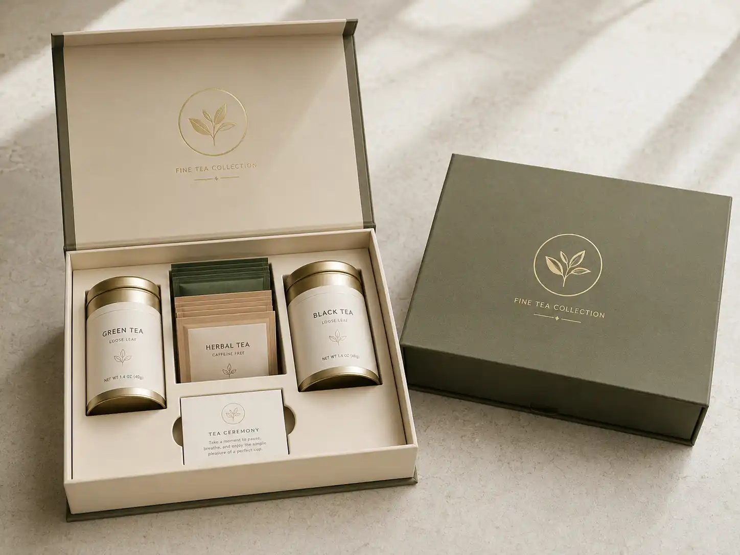 Premium tea gift box with tins and paperboard insert