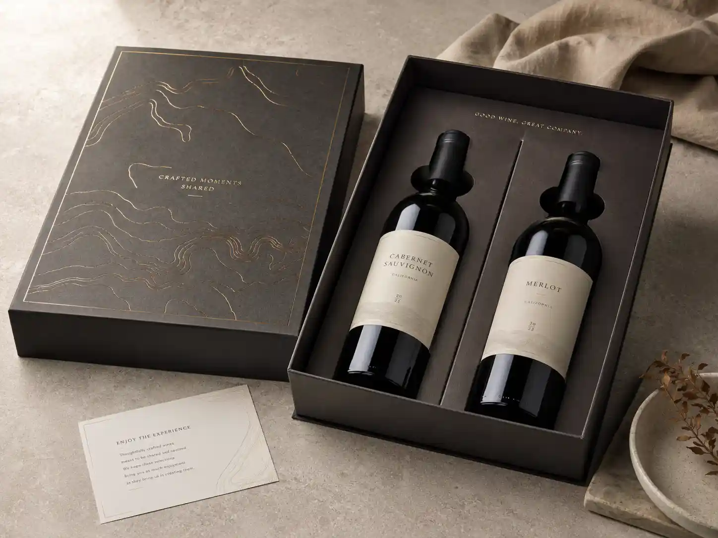 Premium wine gift box with bottles and fitted inserts