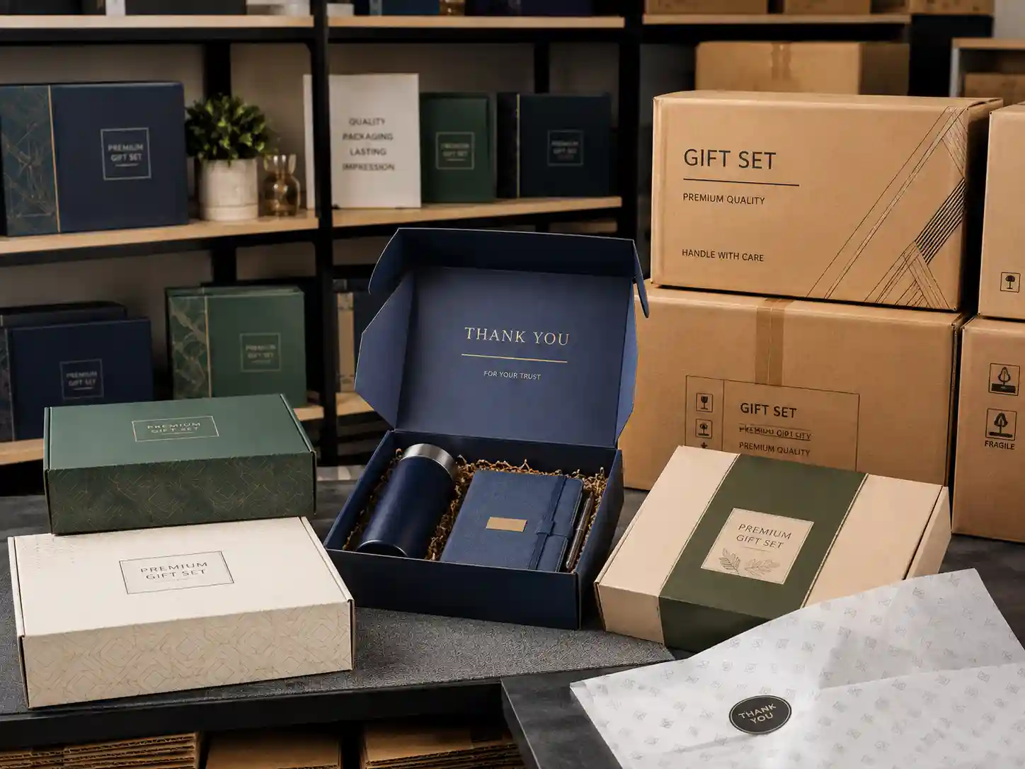 Finished promotional gift box sets ready for export packing