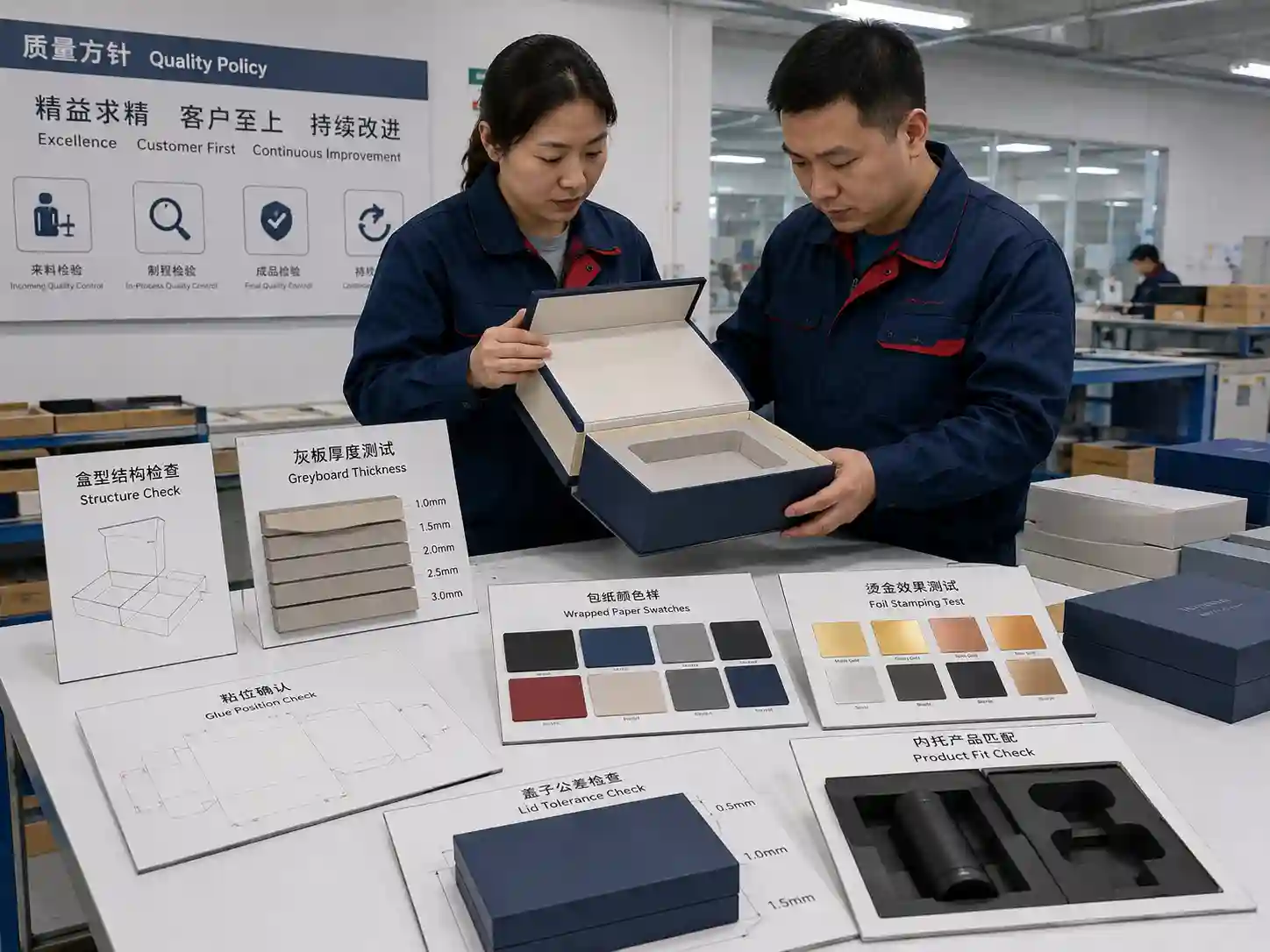 Factory team checking rigid gift box inserts and materials