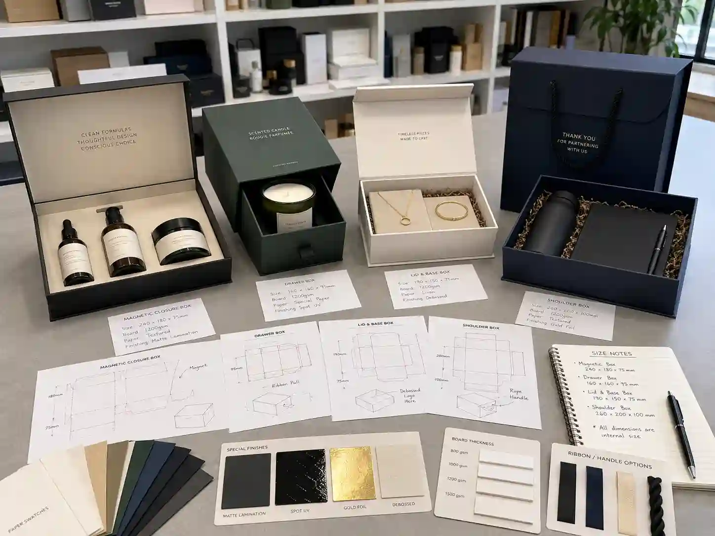 Rigid gift box styles on a B2B sample review table
