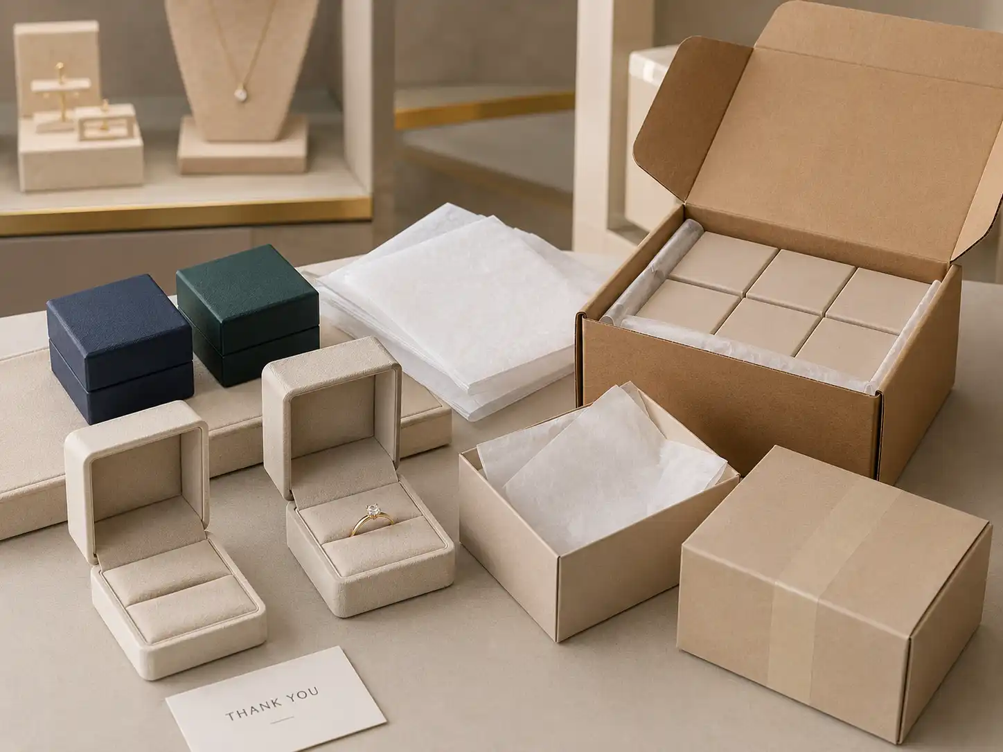 Finished ring box packaging arranged for showroom and shipment