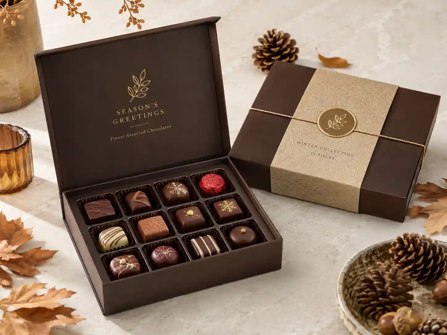 Seasonal chocolate gift box with insert on clean stone surface
