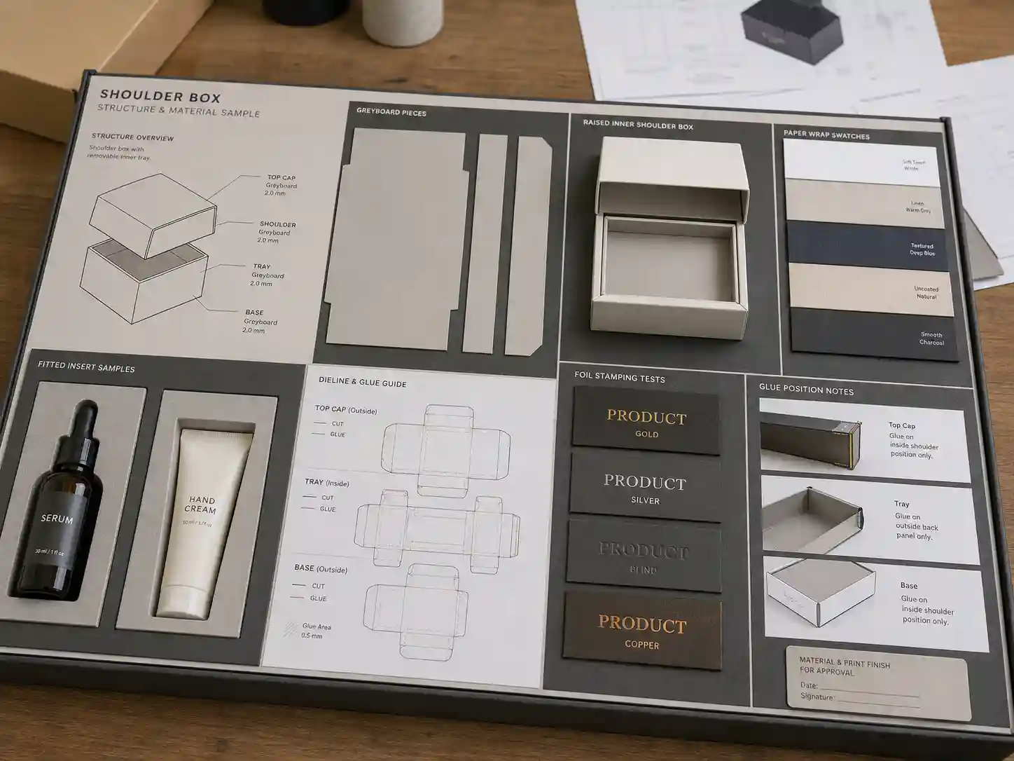 Shoulder box structure samples with inserts and material swatches