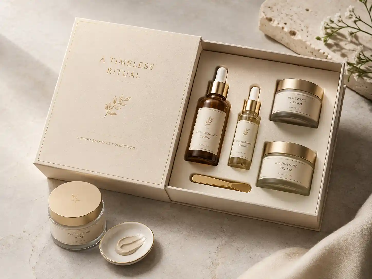 Skincare gift box with bottles, jars, and fitted insert