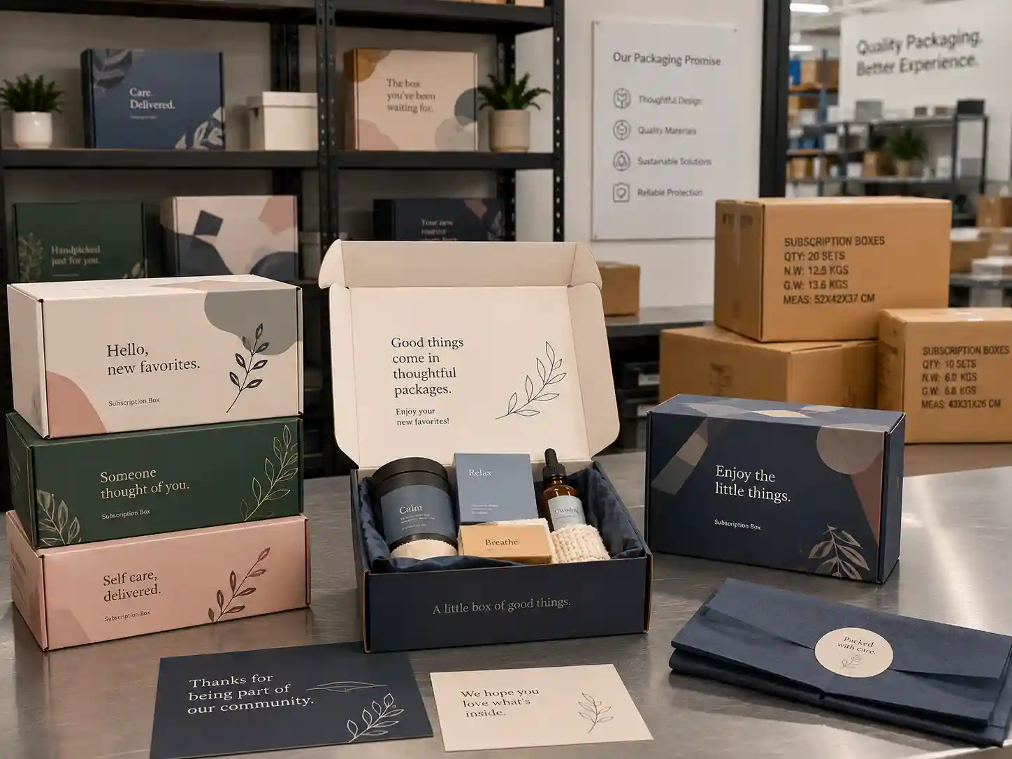 Export-ready subscription box packaging sets with inner and master cartons