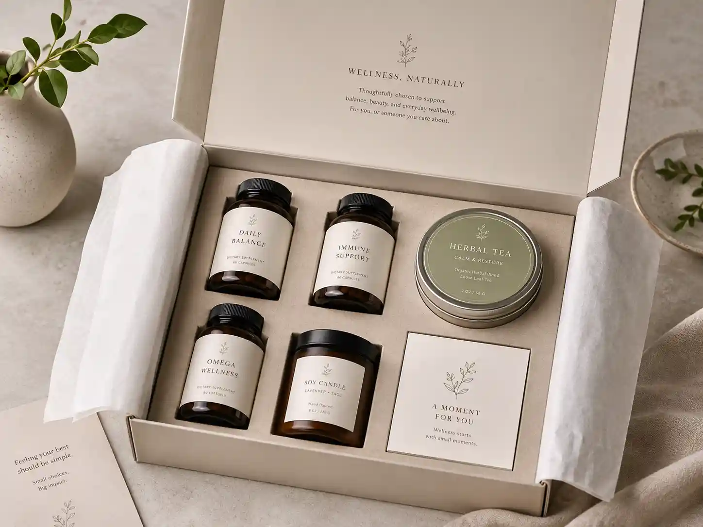 Wellness gift box with bottles, tea tin, candle, and insert