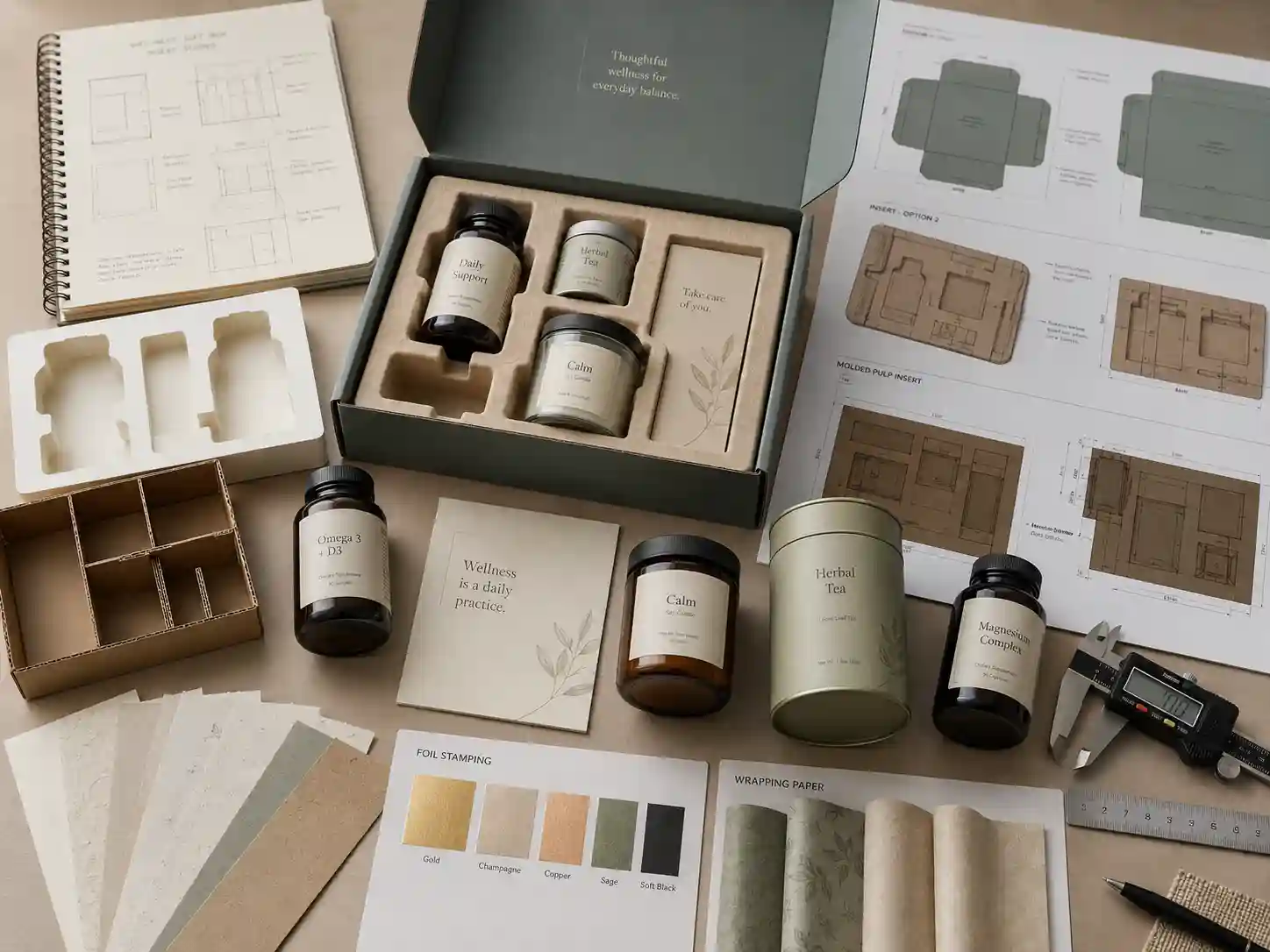 Wellness gift box insert samples with dielines and materials
