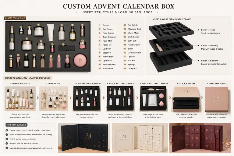 insert structure and loading sequence for a custom advent calendar box