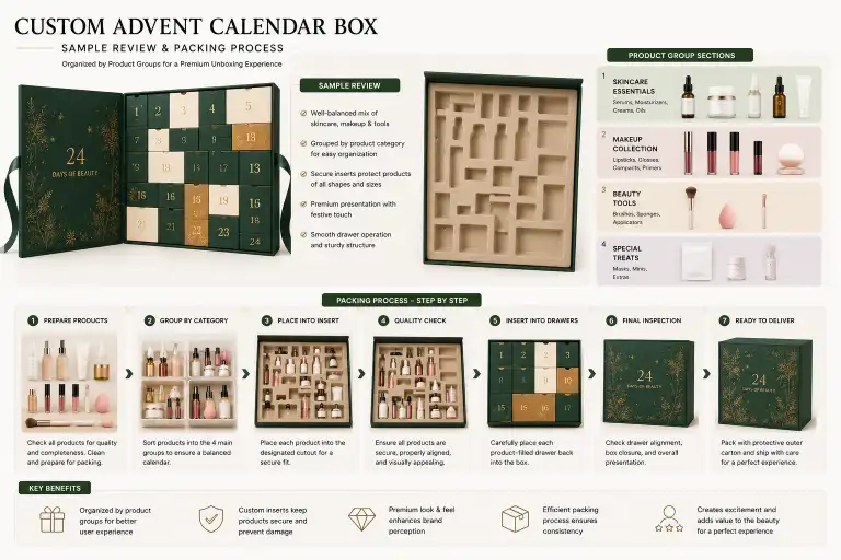 sample review and packing process for a custom advent calendar box with grouped product sections