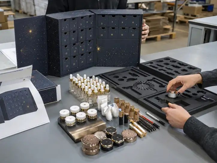 sample review and packing check for MOQ for custom advent calendar boxes with inserts and finishing details
