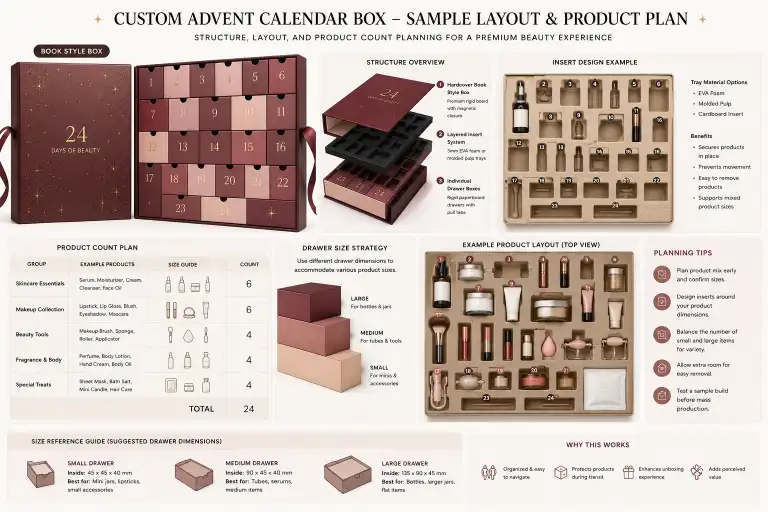 custom advent calendar box sample layout showing structure and product count planning