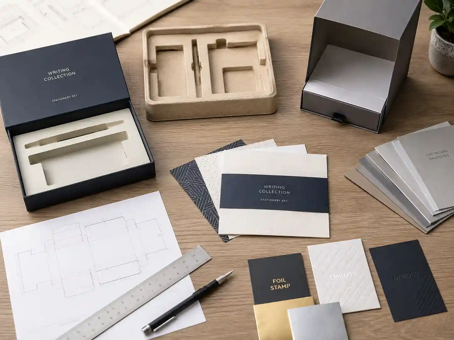 Custom box inserts and material samples for stationery packaging