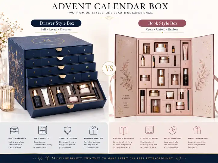 drawer advent calendar box vs book style box with premium product layout and opening comparison