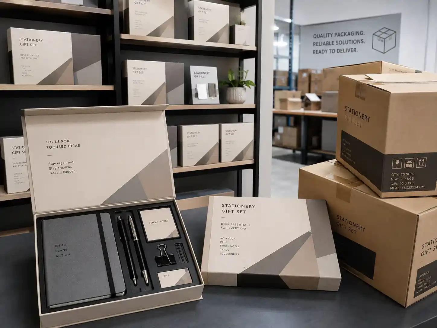 Finished stationery gift box sets ready for retail and shipment