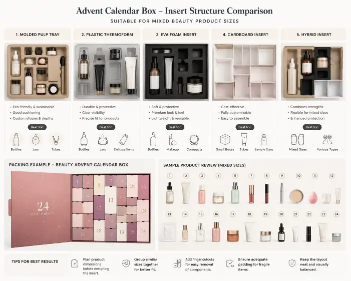 insert structure comparison for advent calendar boxes with mixed product sizes