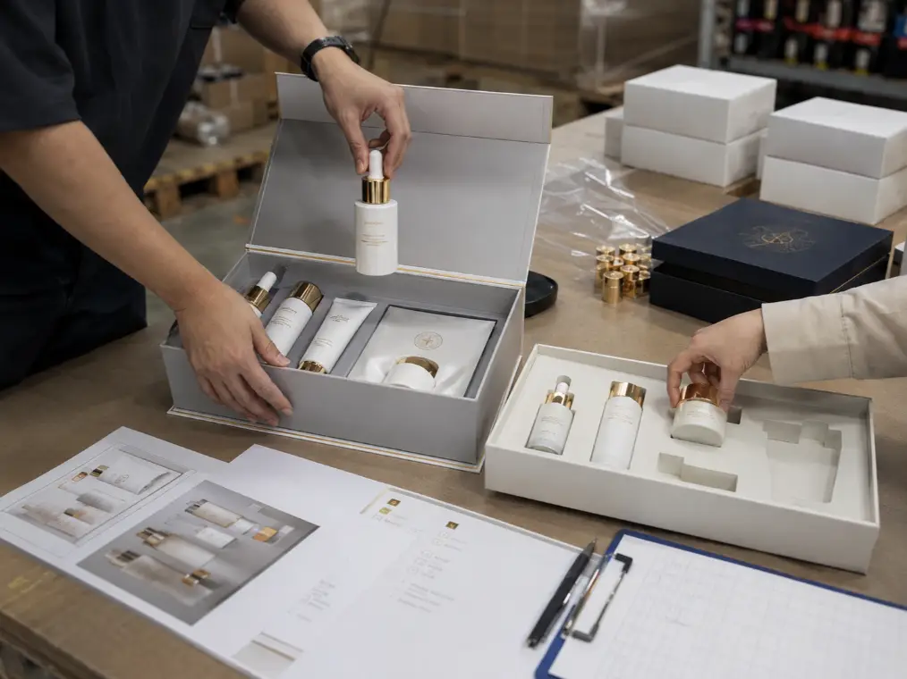 sample review and packing check for magnetic gift box for skincare sets