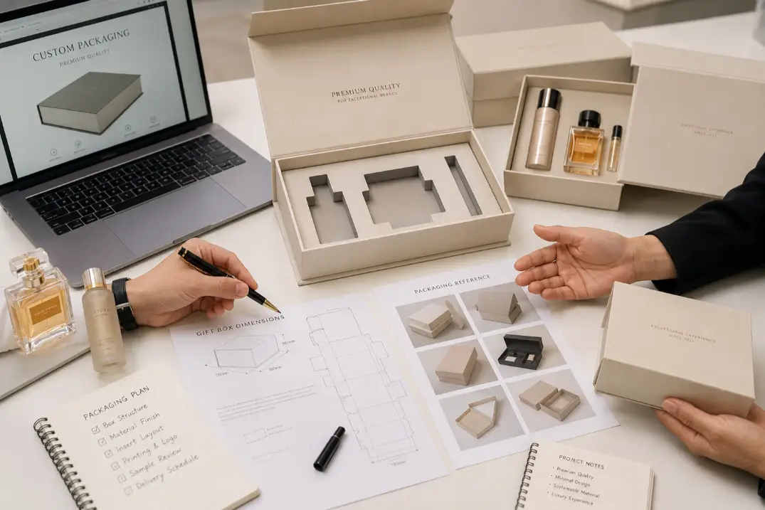 requesting a packaging quote with product samples box styles and planning sheet on a clean table