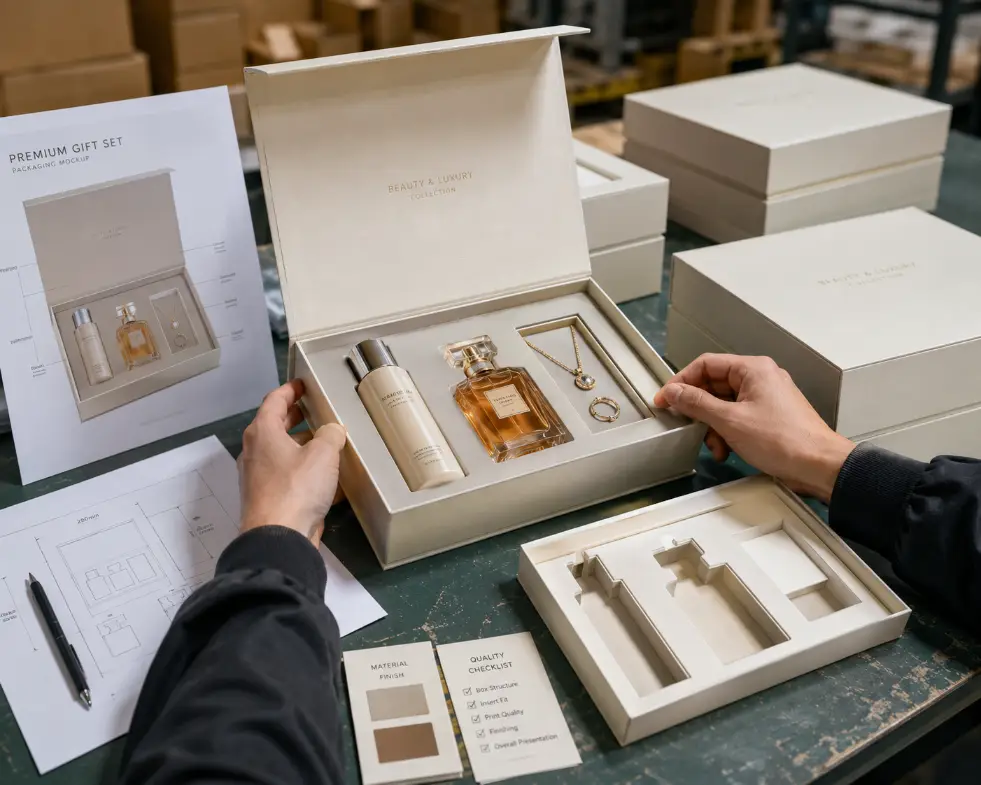 sample review and retail packaging check for rigid gift box for premium retail products