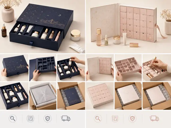 sample review and packing process for drawer advent calendar box vs book style box with beauty products