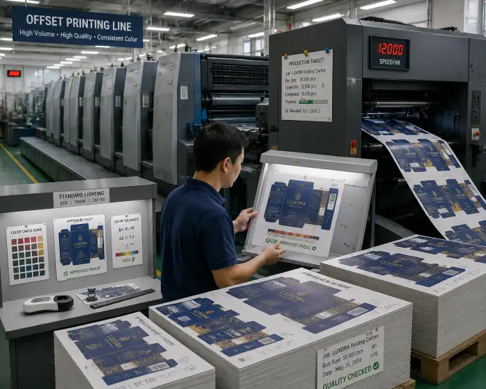 Factory production line showing offset printing press running thousands of custom folding cartons in a single production run, with operator checking color consistency against an approved proof under standard lighting, stacks of printed sheets in the foreground