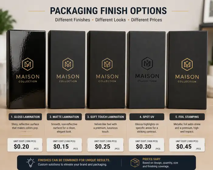Five packaging finish samples side by side on rigid box panels — gloss lamination (shiny reflective), matte lamination (flat non-reflective), soft touch lamination (velvet texture), spot UV (glossy logo on matte background), and foil stamping (gold metallic logo) — with per-unit cost labels below each
