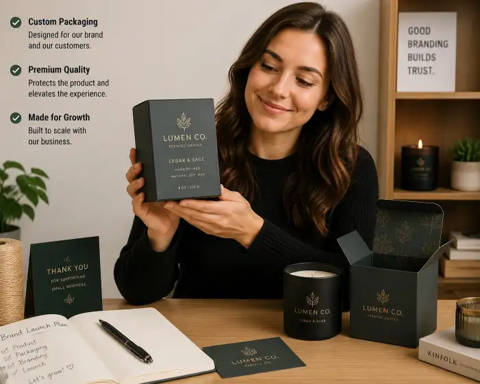 Founder holding a branded candle box with a satisfied expression, showing the finished product in custom packaging on a simple wooden desk