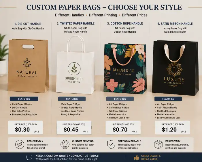 Four custom paper bags showing different handle types and printing — die-cut handle kraft bag at $0.30, twisted paper handle with one-color logo at $0.45, cotton rope handle with full-color print at $0.70, and satin ribbon luxury bag at $1.20