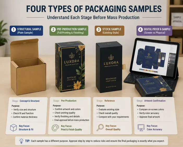 Four different types of packaging samples laid out on a desk — a plain structural sample in kraft, a pre-production sample with full printing and finishing, a stock sample already assembled, and a digital proof next to a physical sample — each labeled with its type and stage