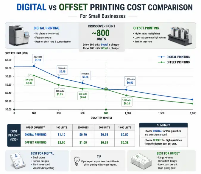 Infographic comparing digital vs offset printing costs for small businesses — graph showing per-unit cost curves crossing at approximately 800 units, with digital cheaper below and offset cheaper above the crossover point, with dollar amounts labeled at 100, 300, 500, and 1,000 units