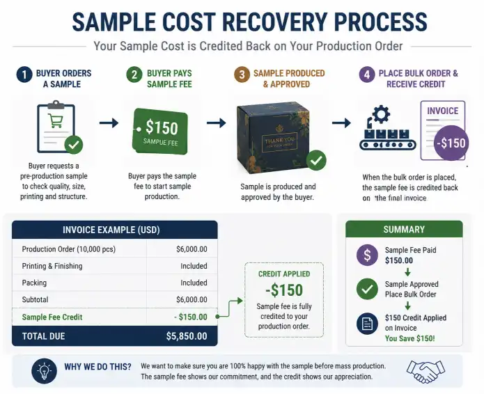 Infographic showing sample cost recovery process — buyer pays $150 for a pre-production sample, then receives $150 credit on the $6,000 production invoice, shown as a deduction line item with arrows illustrating the flow